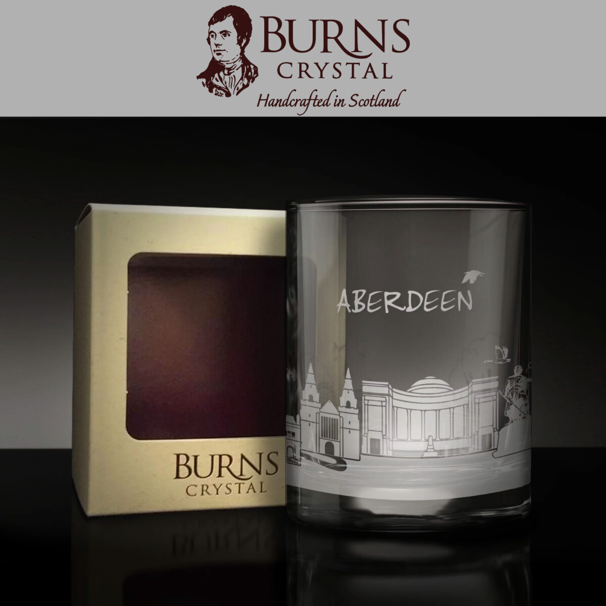 The Burns Crystal Skyline Glass Tumbler with Aberdeen skyline.