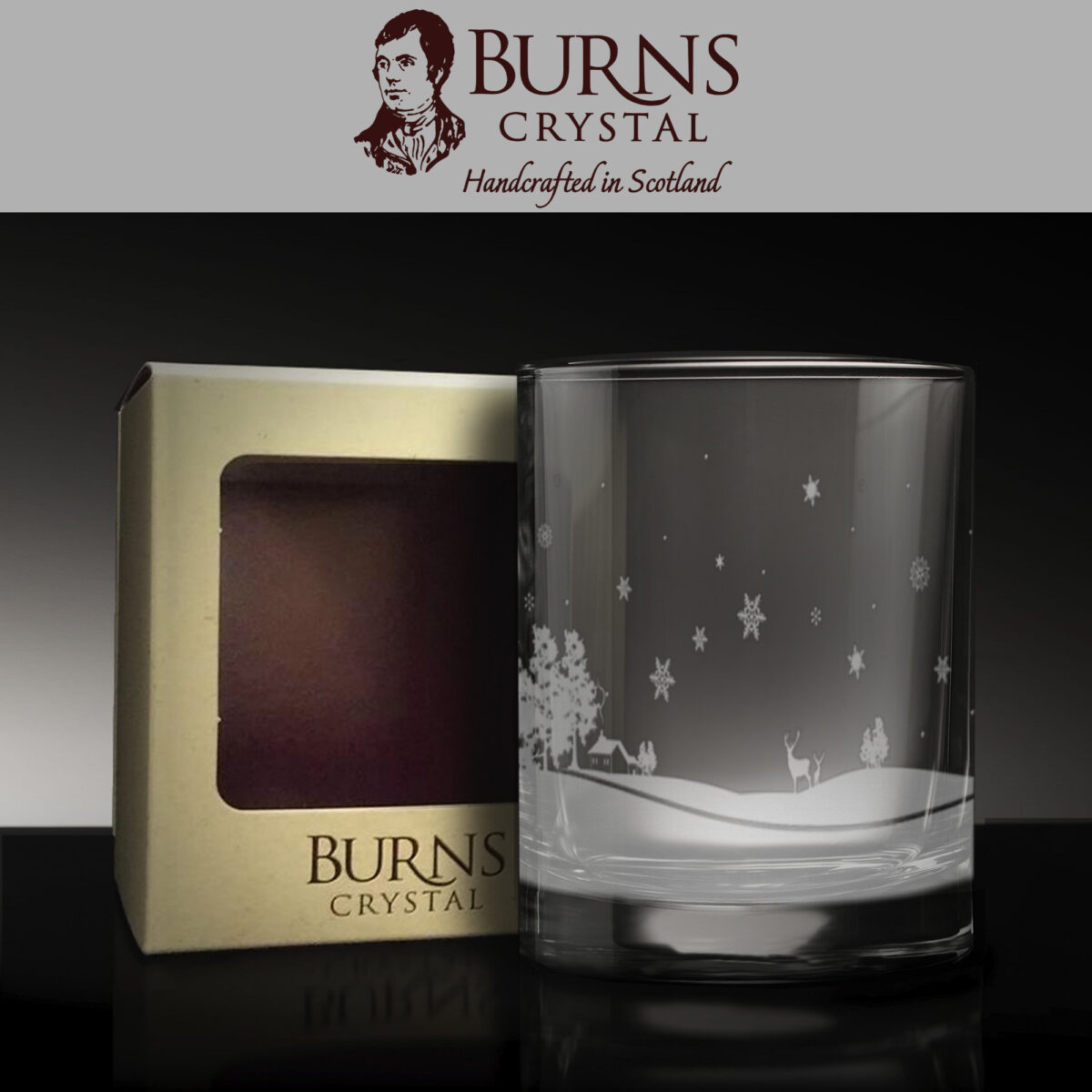 The Burns Crystal Skyline Glass Tumbler with Christmas design