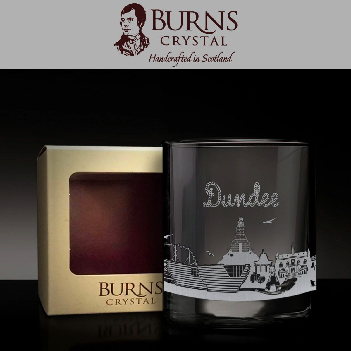 The Burns Crystal Skyline Glass Tumbler with Dundee skyline