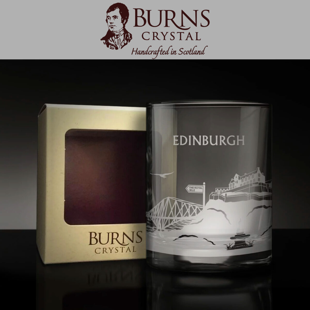 The Burns Crystal Skyline Glass Tumbler with Edinburgh skyline