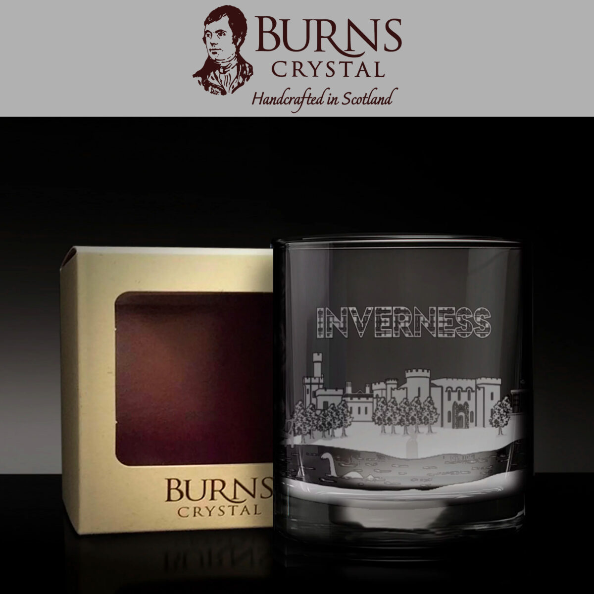 The Burns Crystal Skyline Glass Tumbler with Inverness skyline