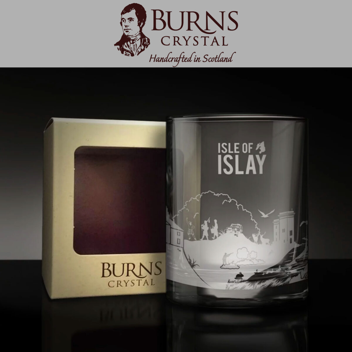 The Burns Crystal Skyline Glass Tumbler with Isle of Islay landscape