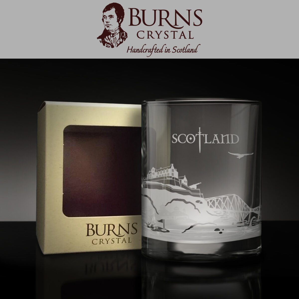 The Burns Crystal Skyline Glass Tumbler with Scotland landscape