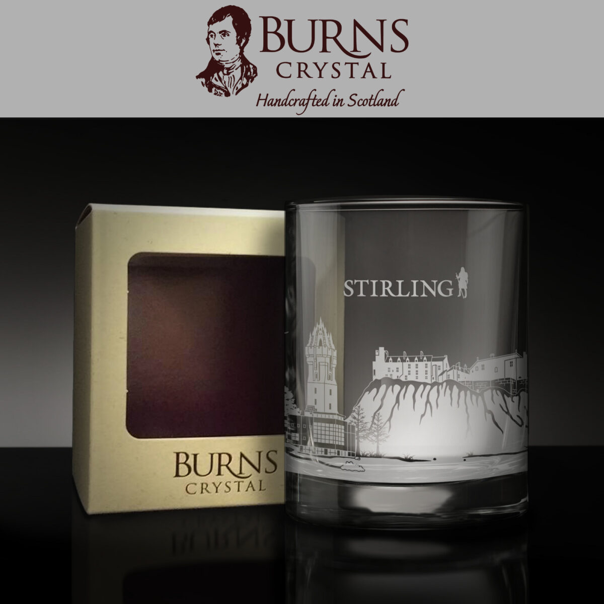 The Burns Crystal Skyline Glass Tumbler with Stirling skyline