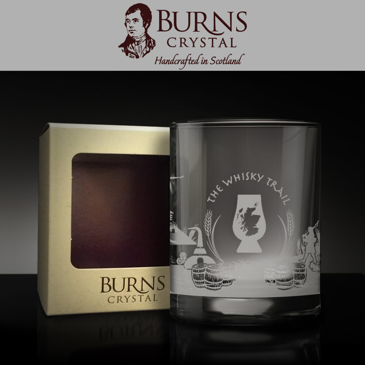 The Burns Crystal Skyline Glass Tumbler with Whisky Trail design