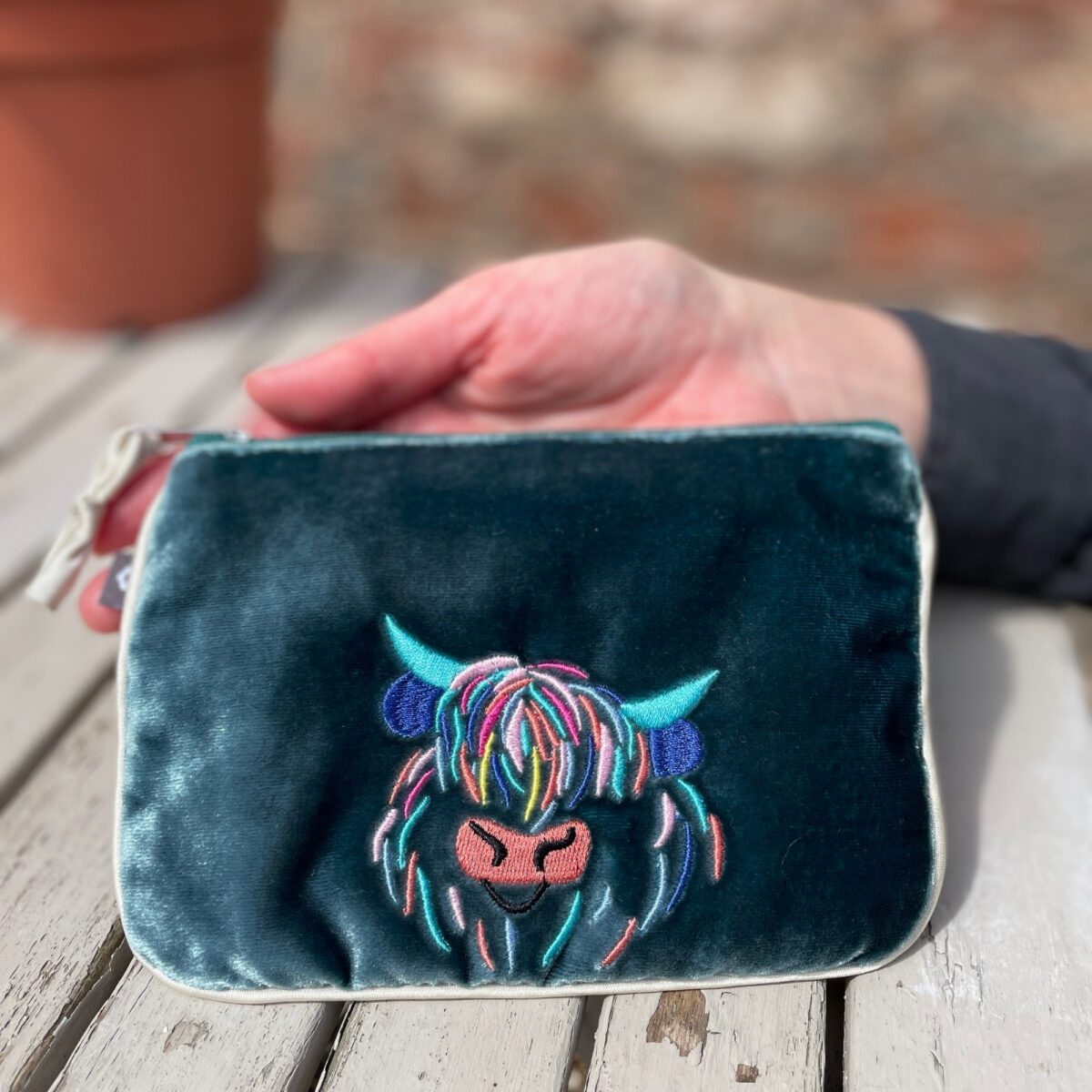 Silk Velvet Juliet Purse in luxurious velvet with embroidered designs and two zipped compartments