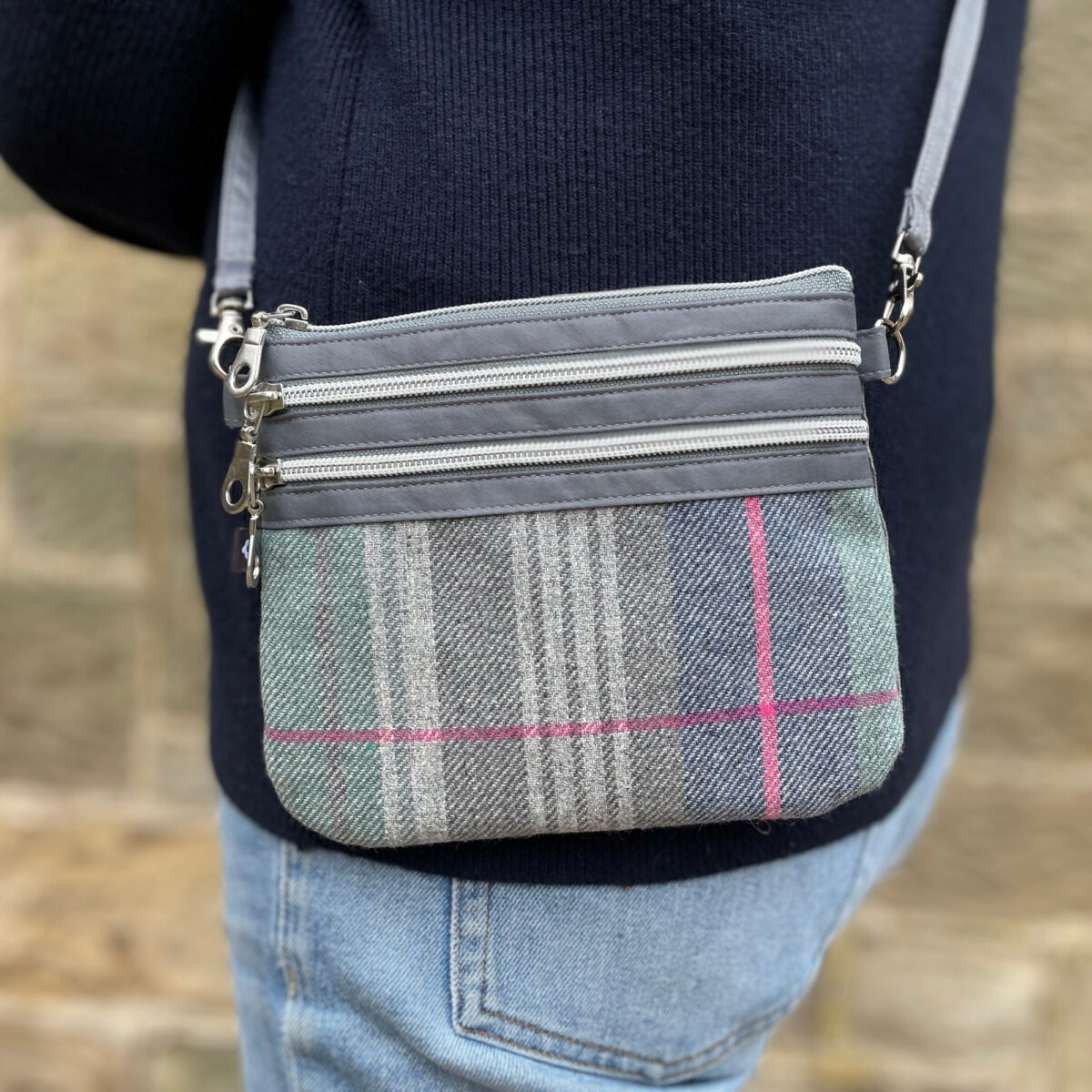 Tweed 3 Zip Pouch Bag with three compartments and removable satin strap, available in multiple tweed designs