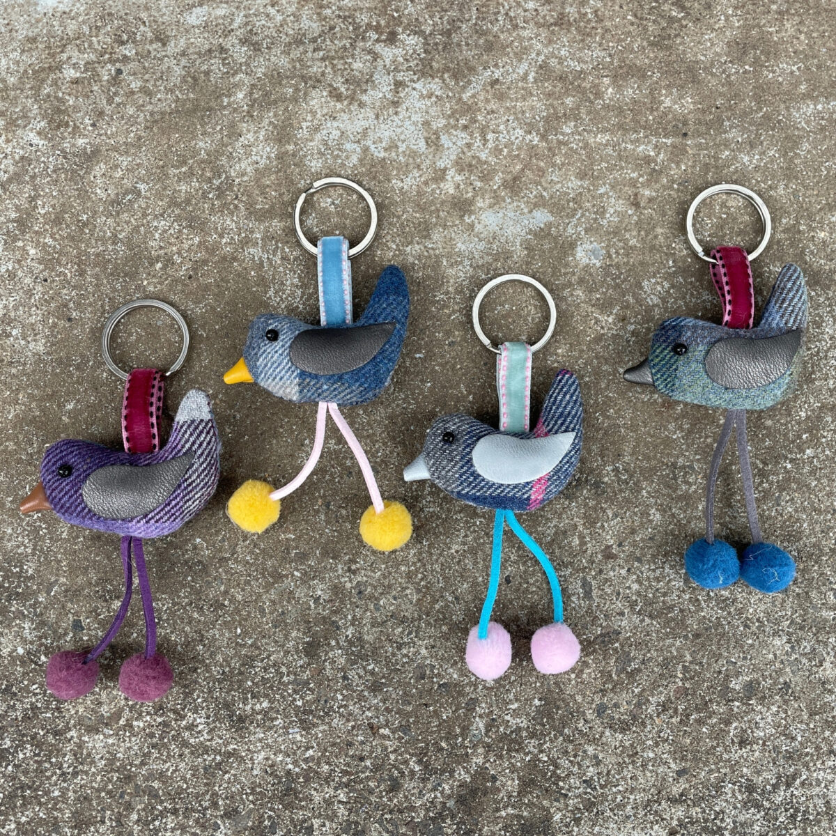 Bird Keyring in tweed fabric with pompom feet, available in multiple colours