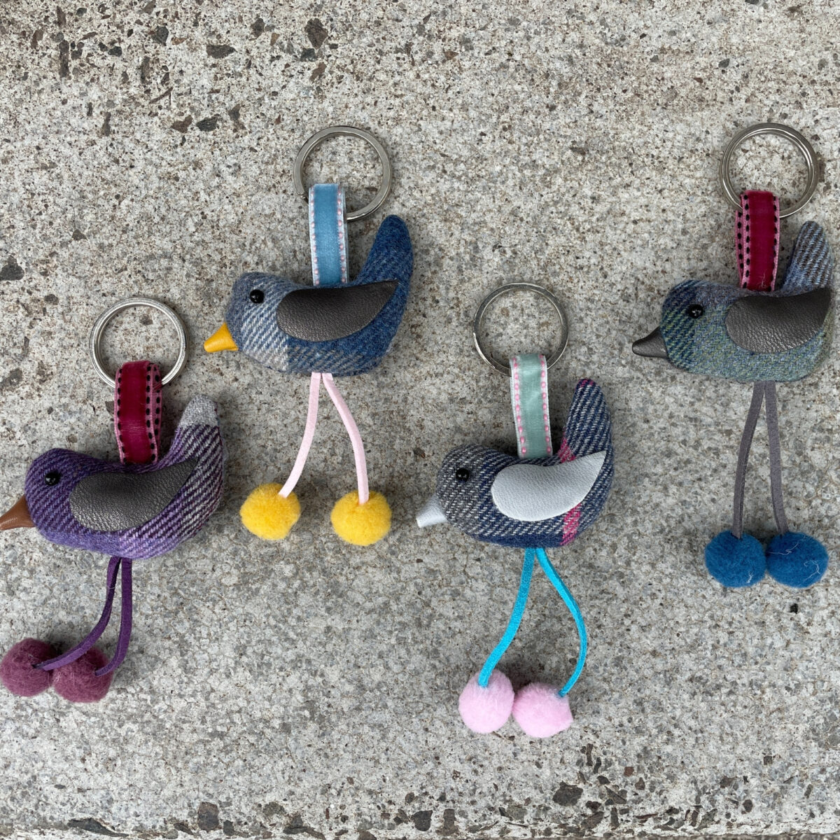 Bird Keyring in tweed fabric with pompom feet, available in multiple colours