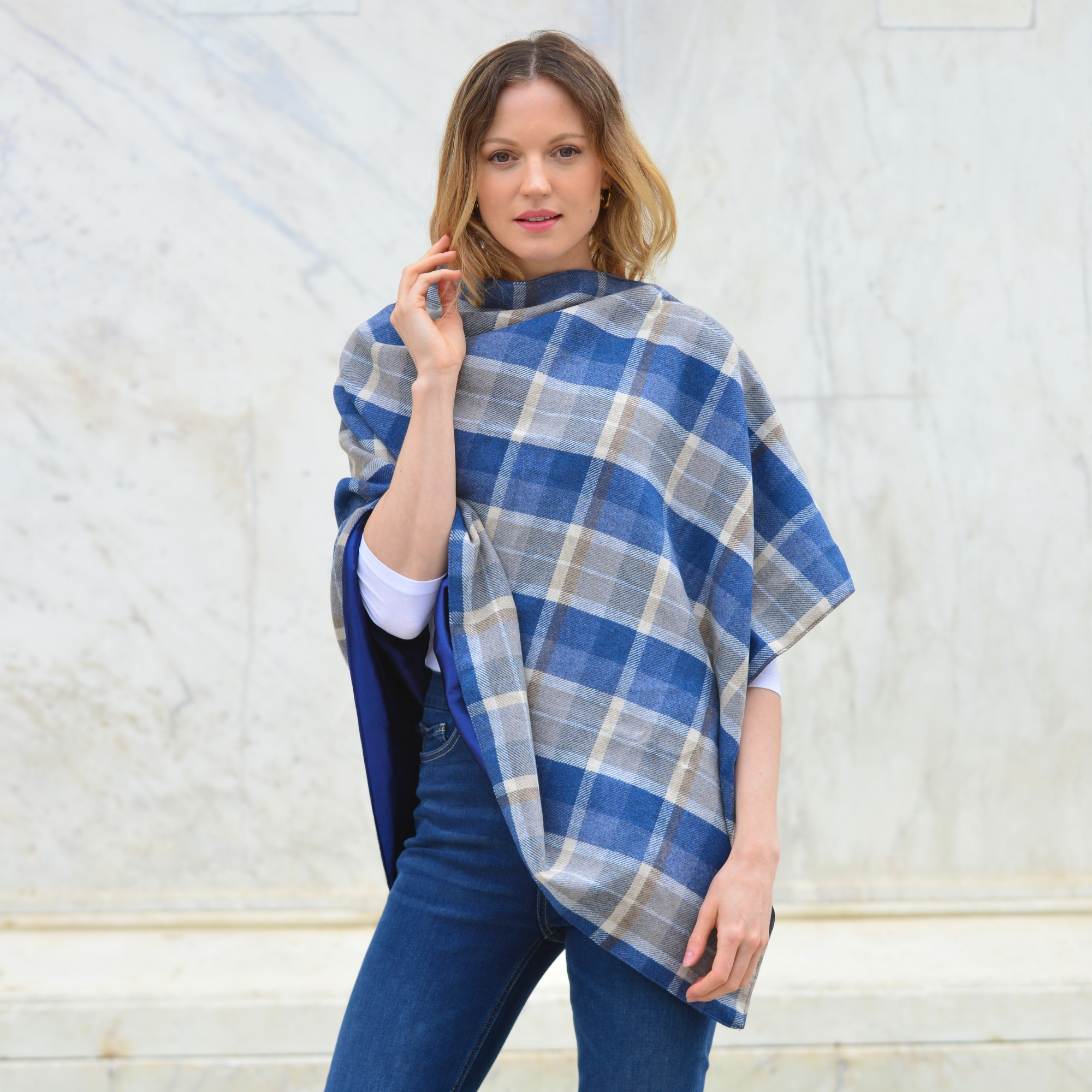 Luxury Spring Tweed Wrap – stylish wool-blend cape with satin lining and button fastening for effortless elegance