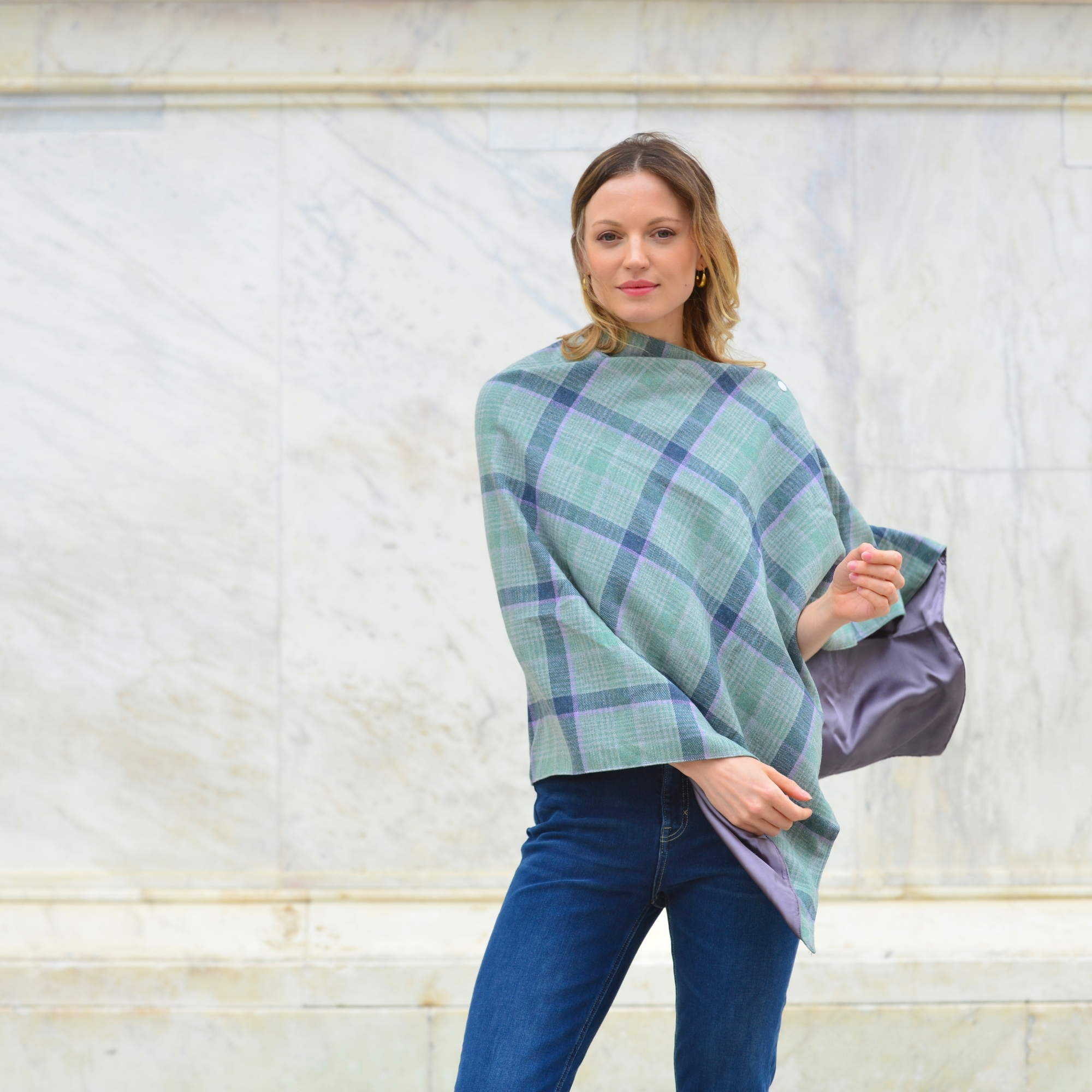 Luxury Spring Tweed Wrap – stylish wool-blend cape with satin lining and button fastening for effortless elegance