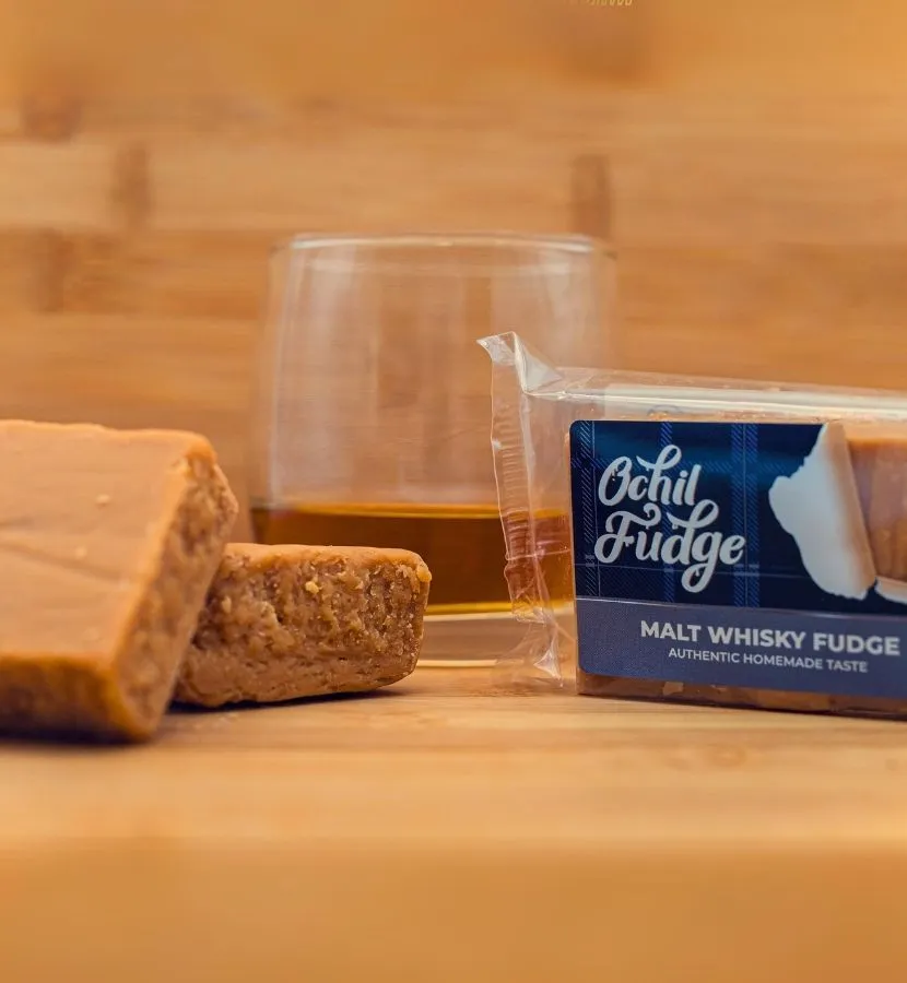 Handmade Ochil Malt Whisky Fudge Bar with smooth single malt whisky, Scottish artisan sweet