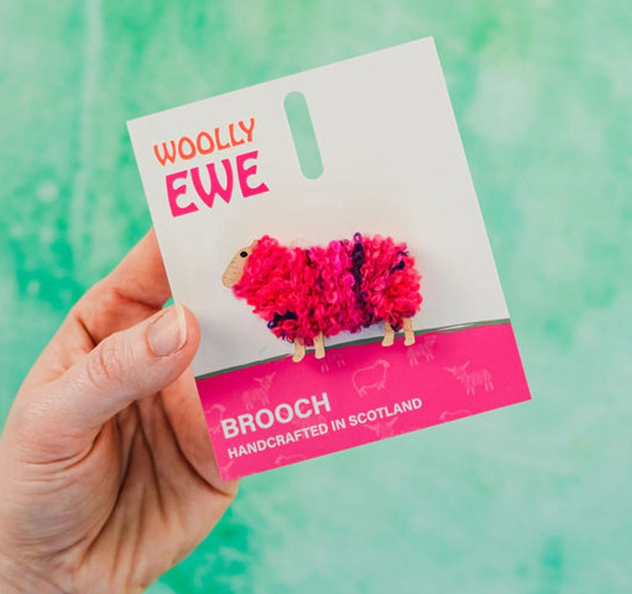 Handmade Scottish wool sheep brooch named Maisie with cheeky charm