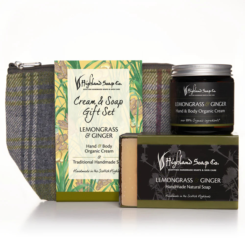 Lemongrass & Ginger cream and soap gift set from The Highland Soap Company, displayed in eco-friendly packaging with citrus accents