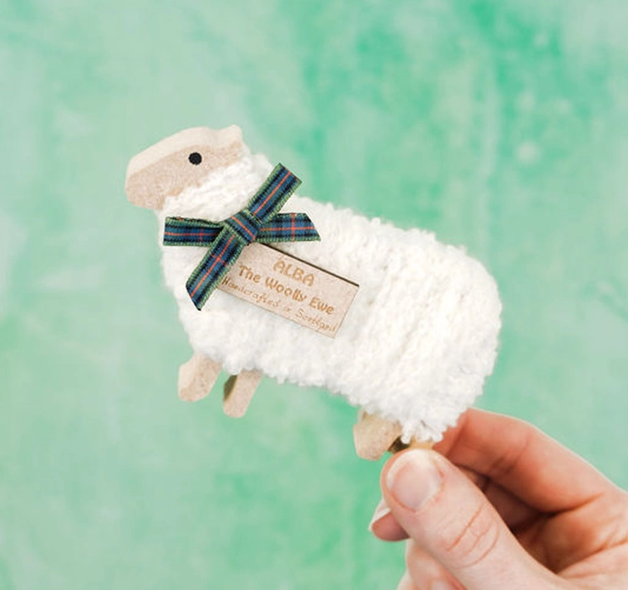 Handmade standing woolly sheep ornament with Scottish Alba charm