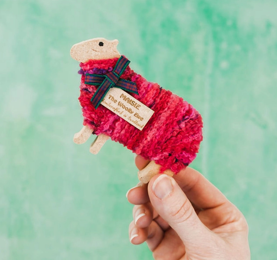 Handmade standing woolly sheep ornament named Maisie with cheeky charm