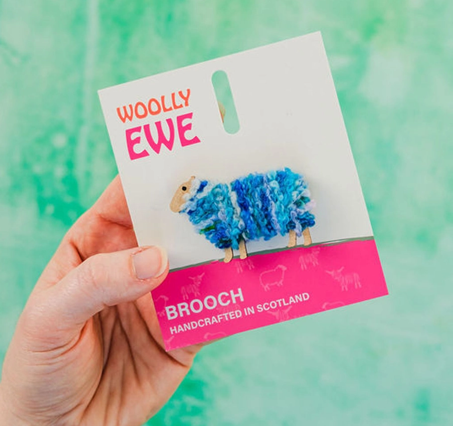 Handmade Scottish wool sheep brooch named Skye with island charm