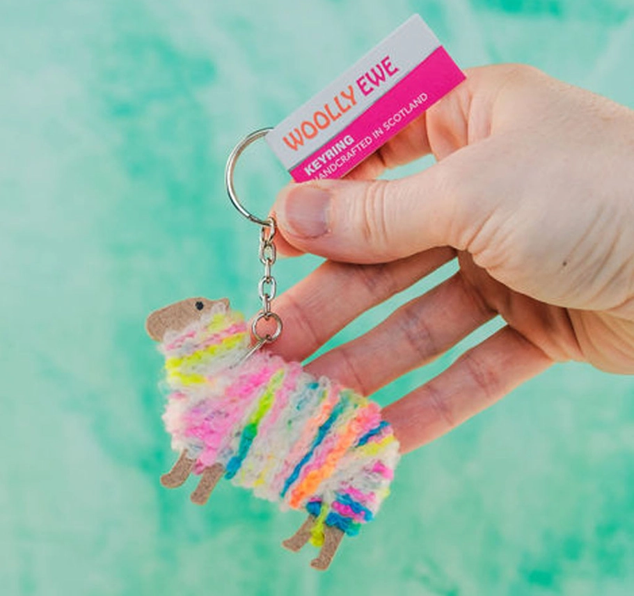 Handmade Scottish wool sheep keyring named Bonnie with sparkle and charm