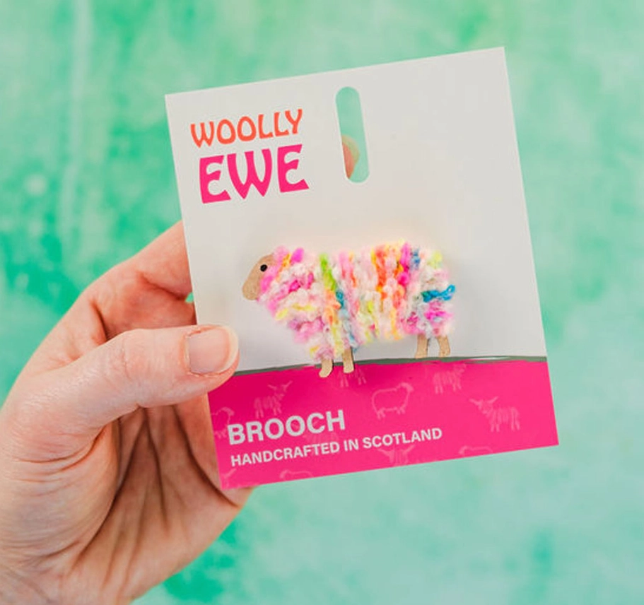 Handmade Scottish wool sheep brooch named Bonnie with sparkle and charm