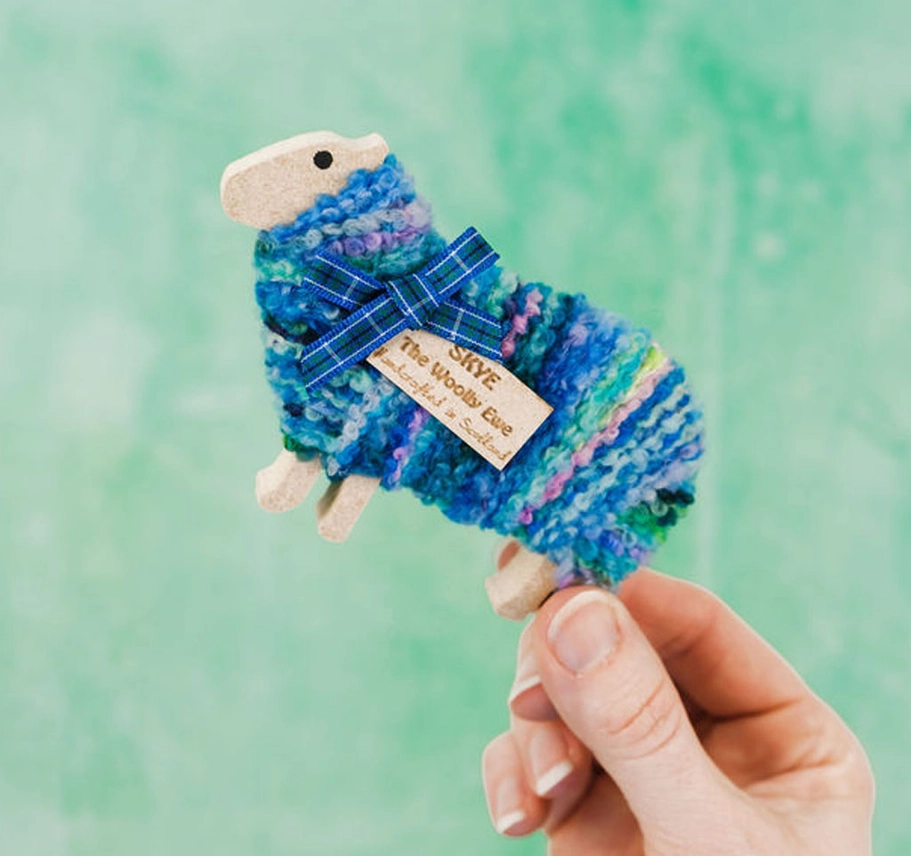Handmade standing woolly sheep ornament named Skye with island charm