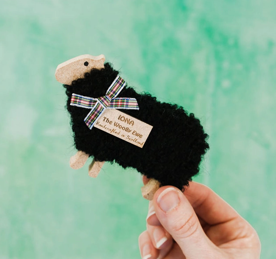 Handmade standing woolly sheep ornament inspired by Iona