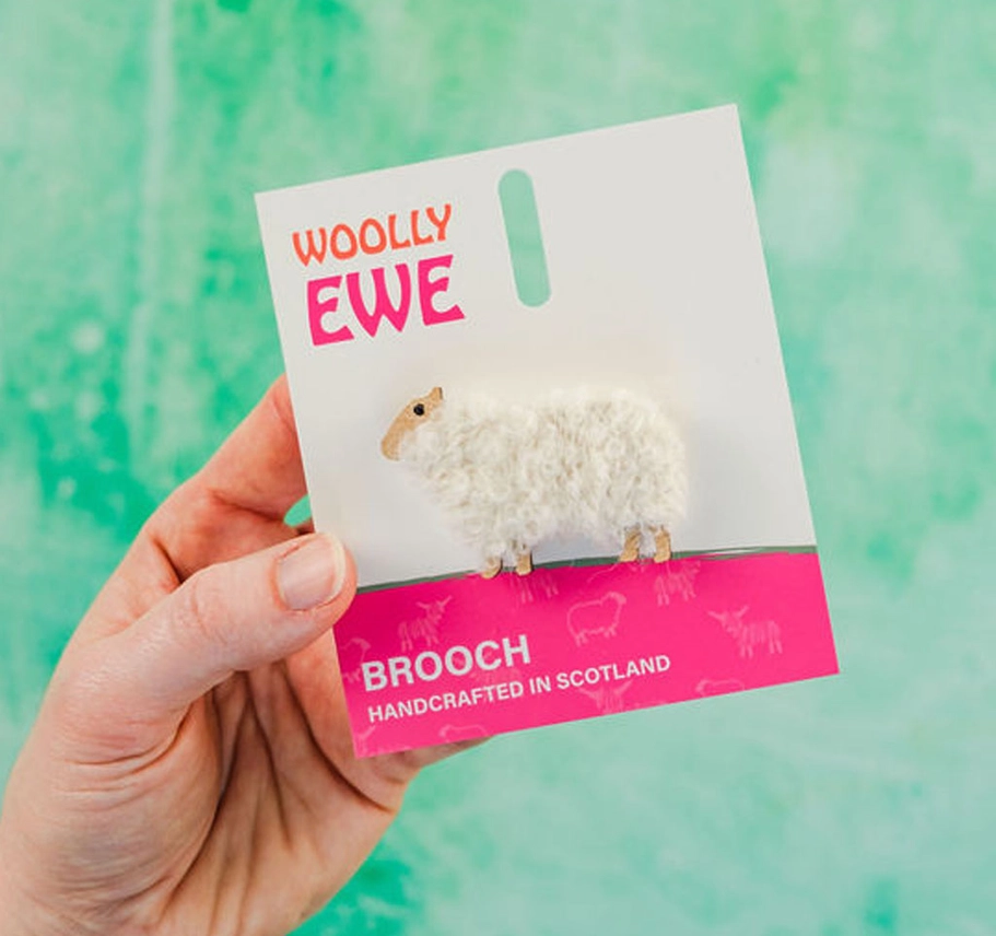 Handmade Scottish wool sheep brooch with Alba charm