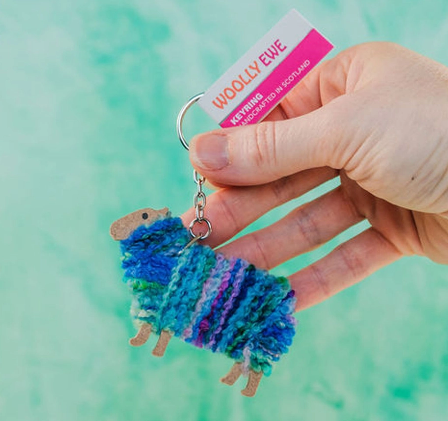 Handmade Scottish wool sheep keyring named Skye with island charm