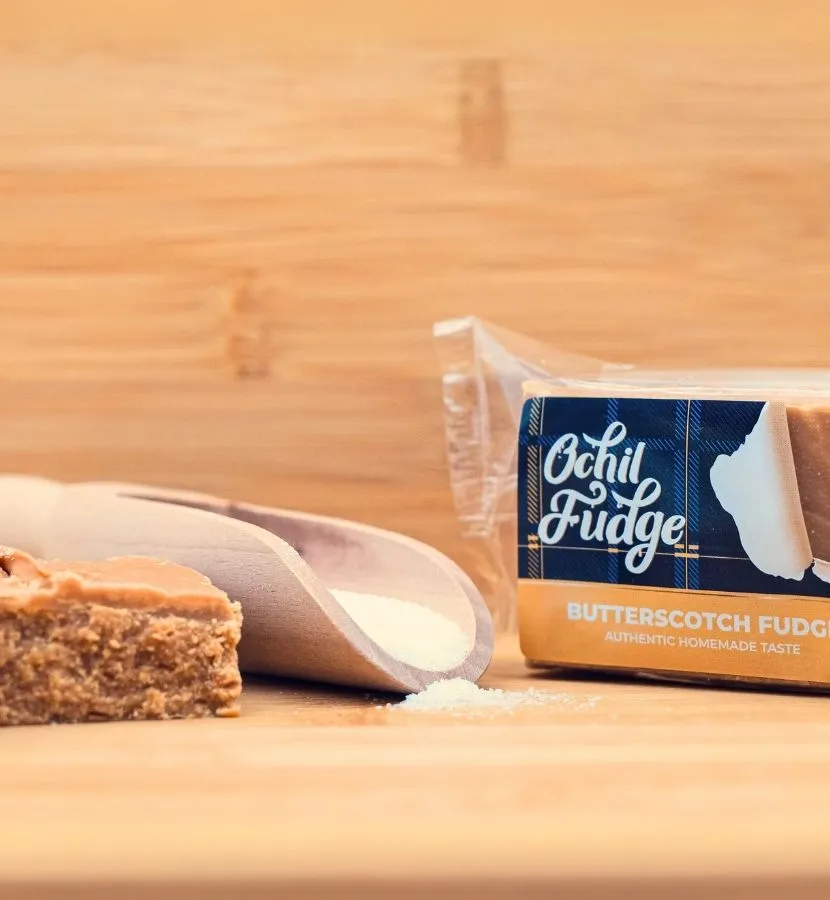 Handmade Ochil Butterscotch Fudge with rich caramel notes and buttery texture, Scottish artisan sweet