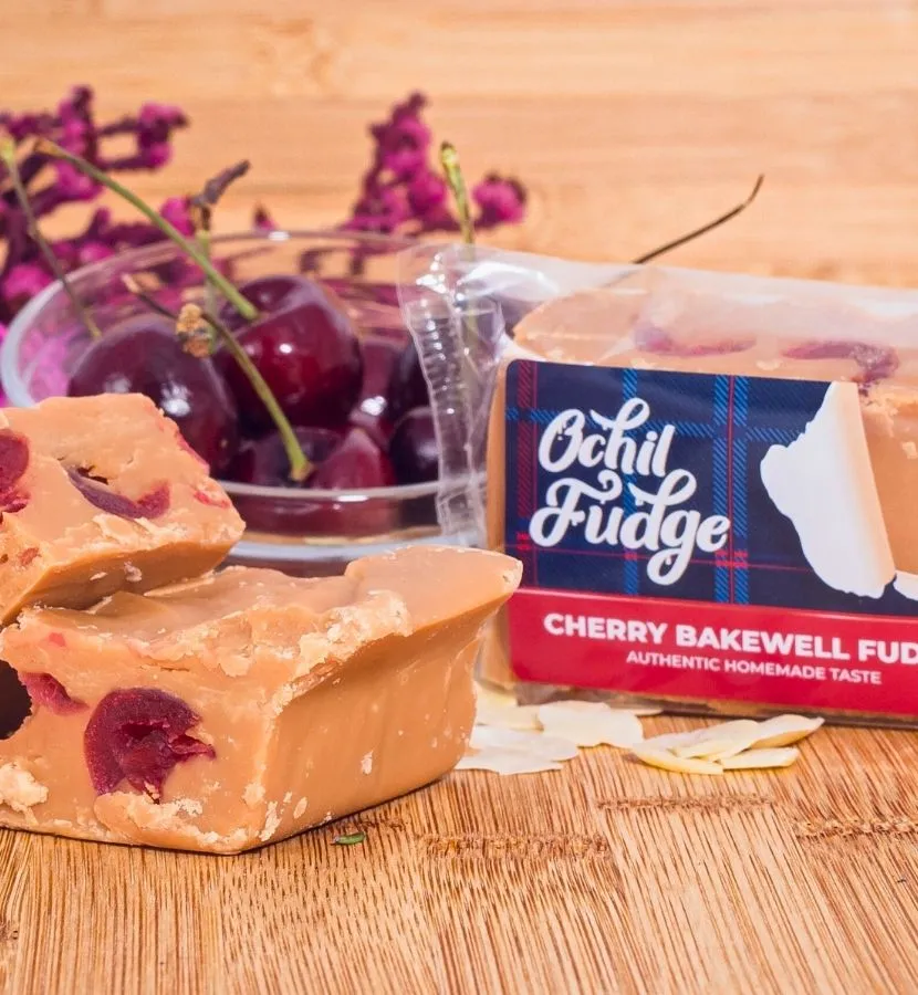 Handmade Ochil Cherry Bakewell Fudge with glacé cherries and almond flavour, Scottish artisan sweet