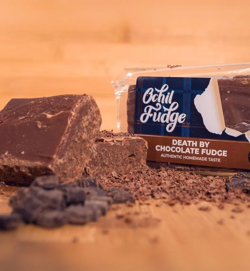 Handmade Ochil Death by Chocolate Fudge with Belgian chocolate and rich cocoa, Scottish artisan sweet