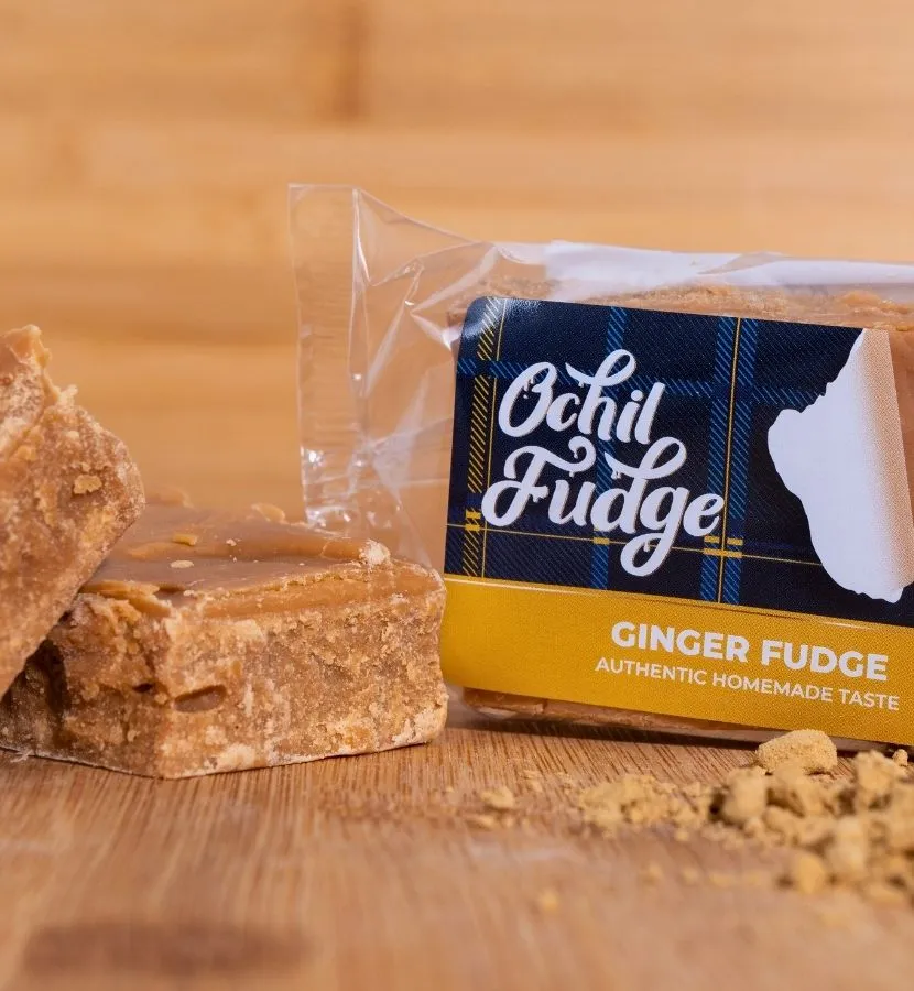 Handmade Ochil Ginger Fudge with real stem ginger, Scottish artisan sweet with warming spice