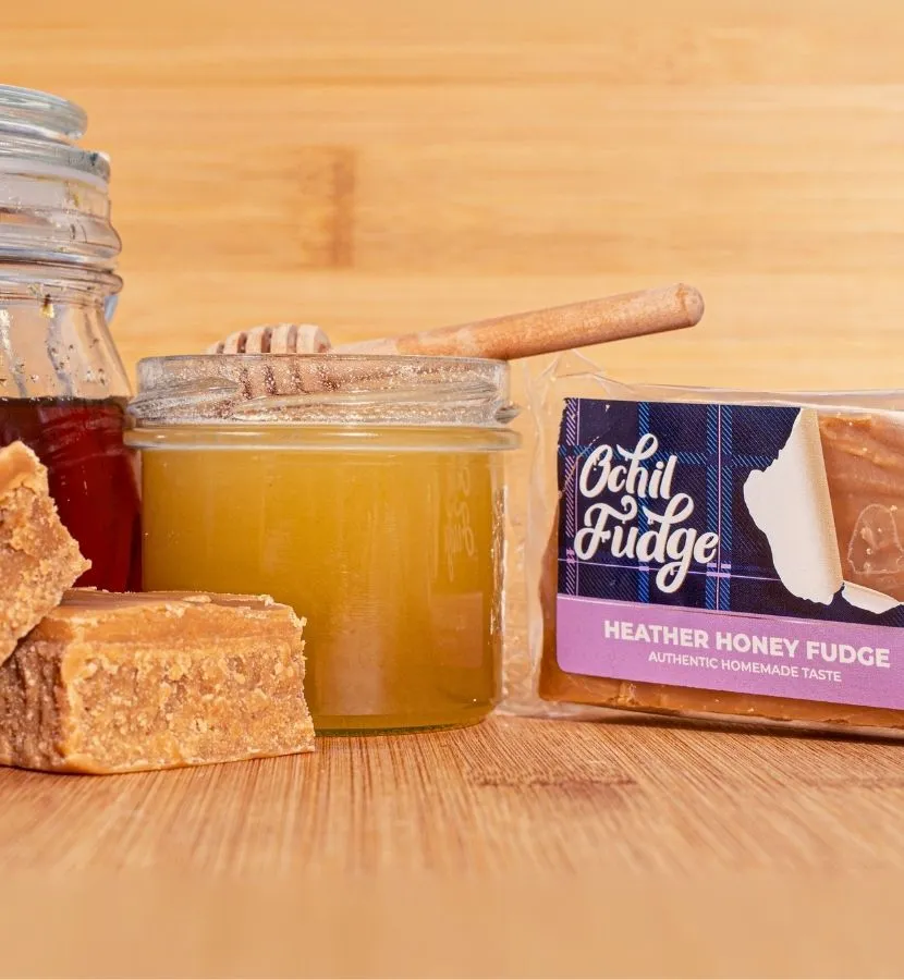 Handmade Ochil Heather Honey Fudge with pure Scottish heather honey, artisan floral fudge
