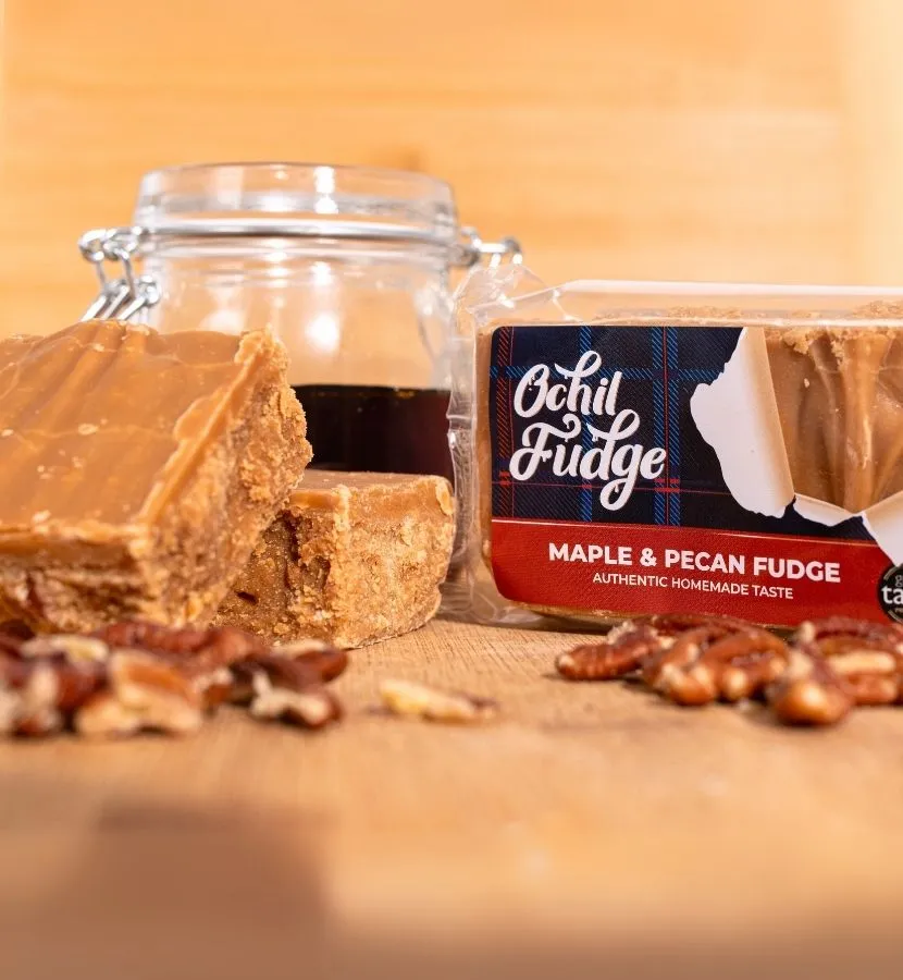 Handmade Ochil Maple & Pecan Fudge with Canadian maple syrup and toasted pecans, Scottish artisan sweet