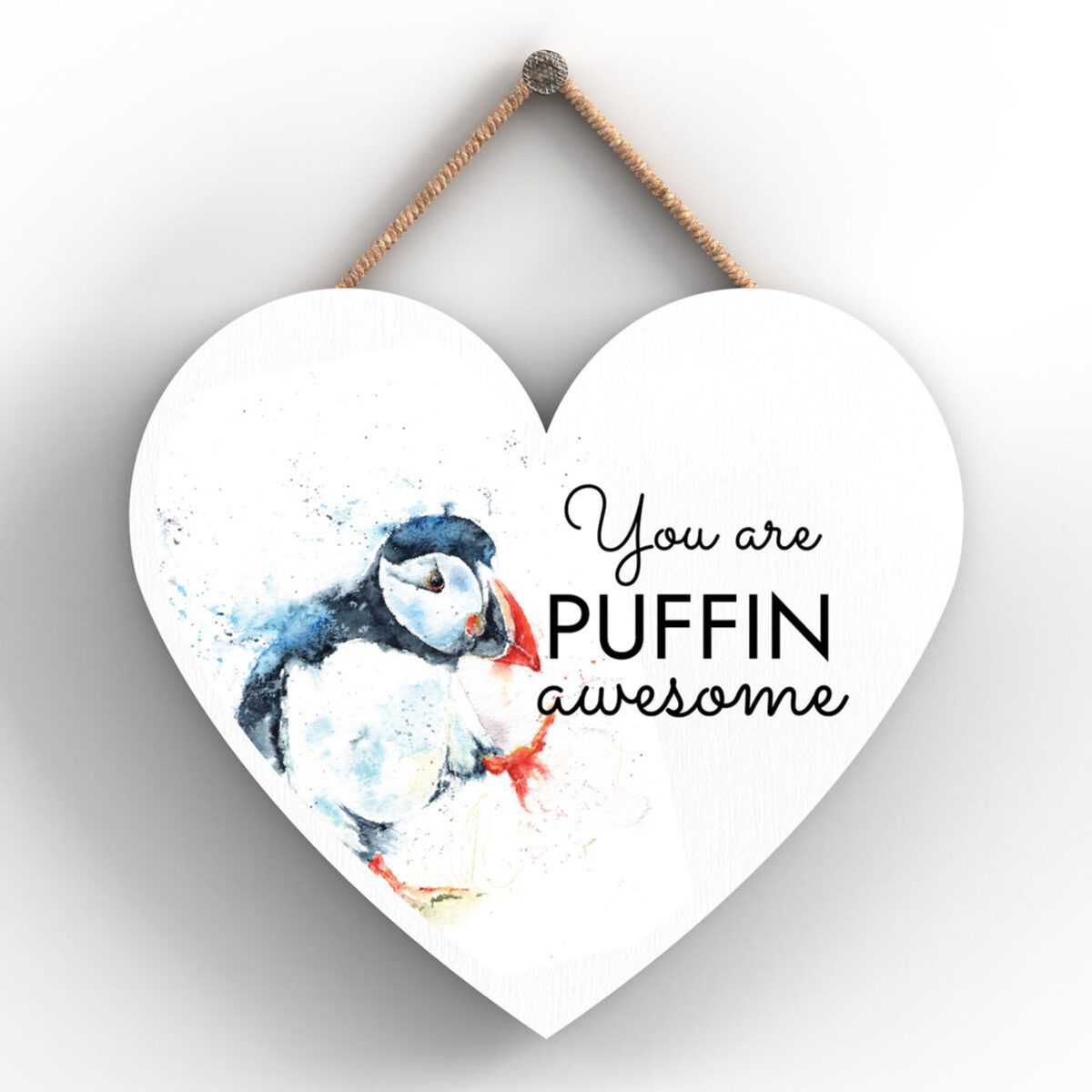 Heart-shaped plaque with puffin illustration and “You Are PUFFIN Awesome” message