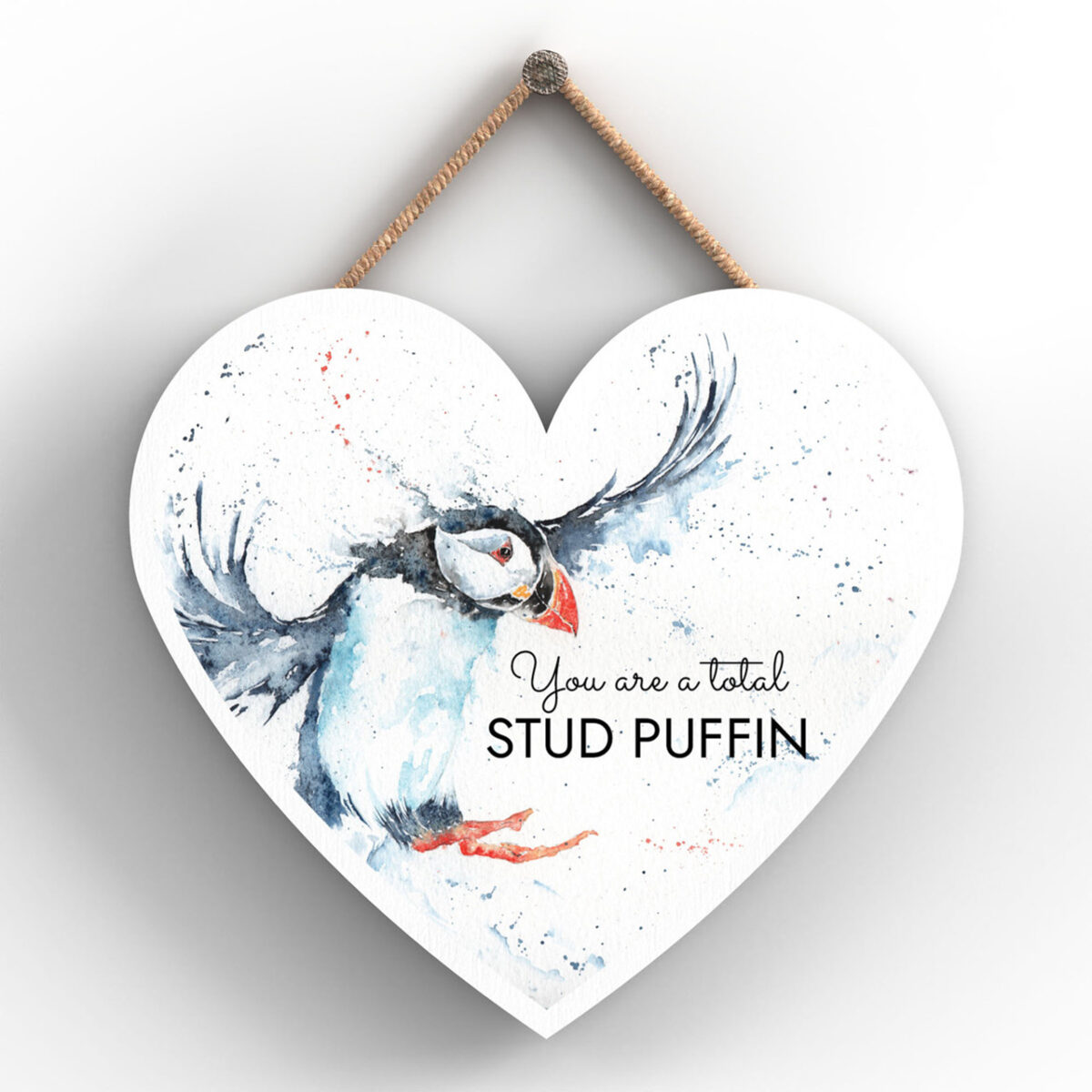 Heart-shaped wooden plaque with puffin in flight and “You Are A Total Stud Puffin” message