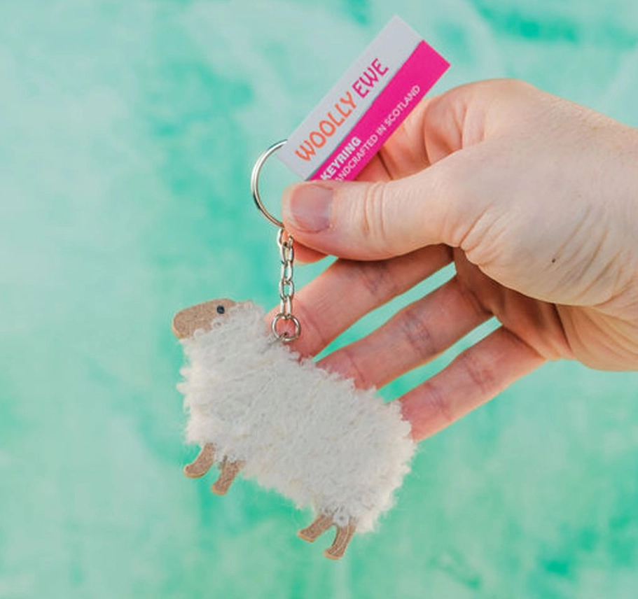 Handmade Scottish wool sheep keyring with Alba charm