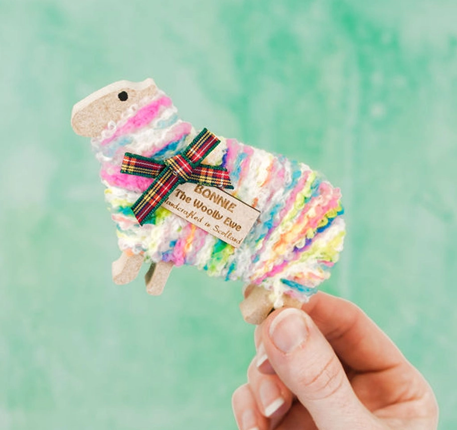 Handmade standing woolly sheep ornament named Bonnie with sparkle and charm