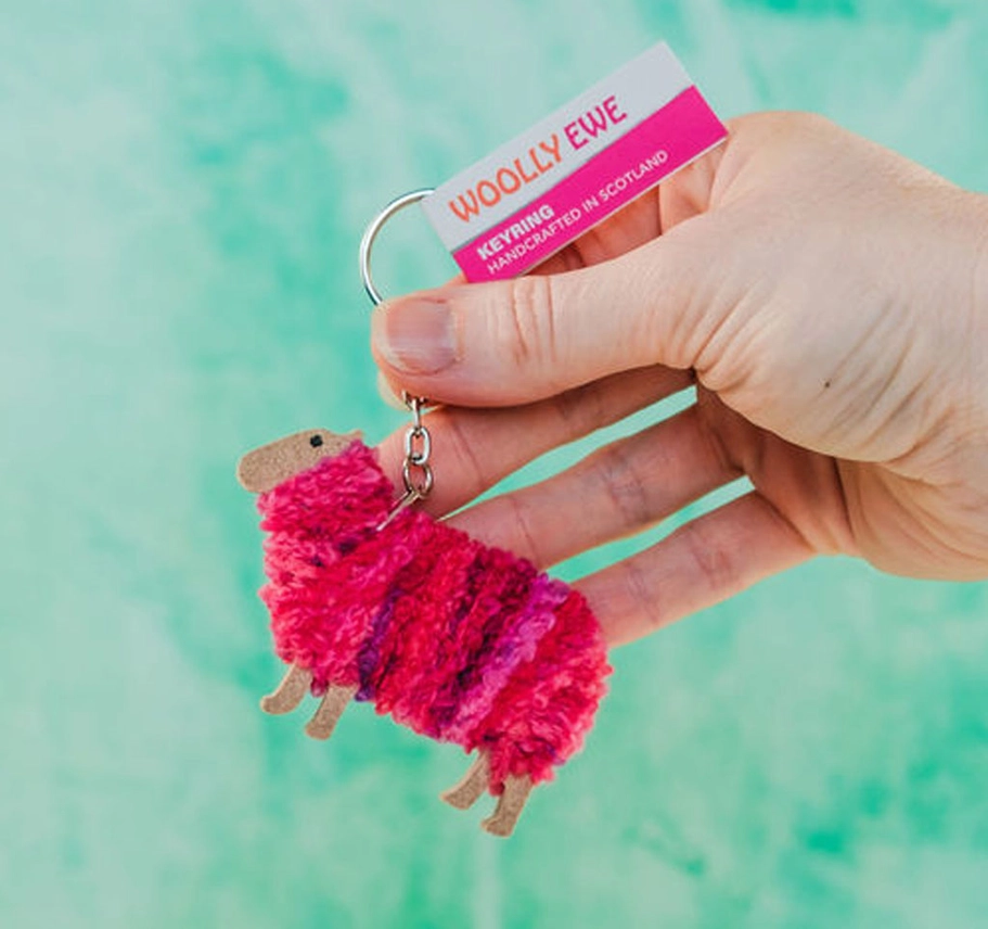 Handmade Scottish wool sheep keyring named Maisie with cheeky charm