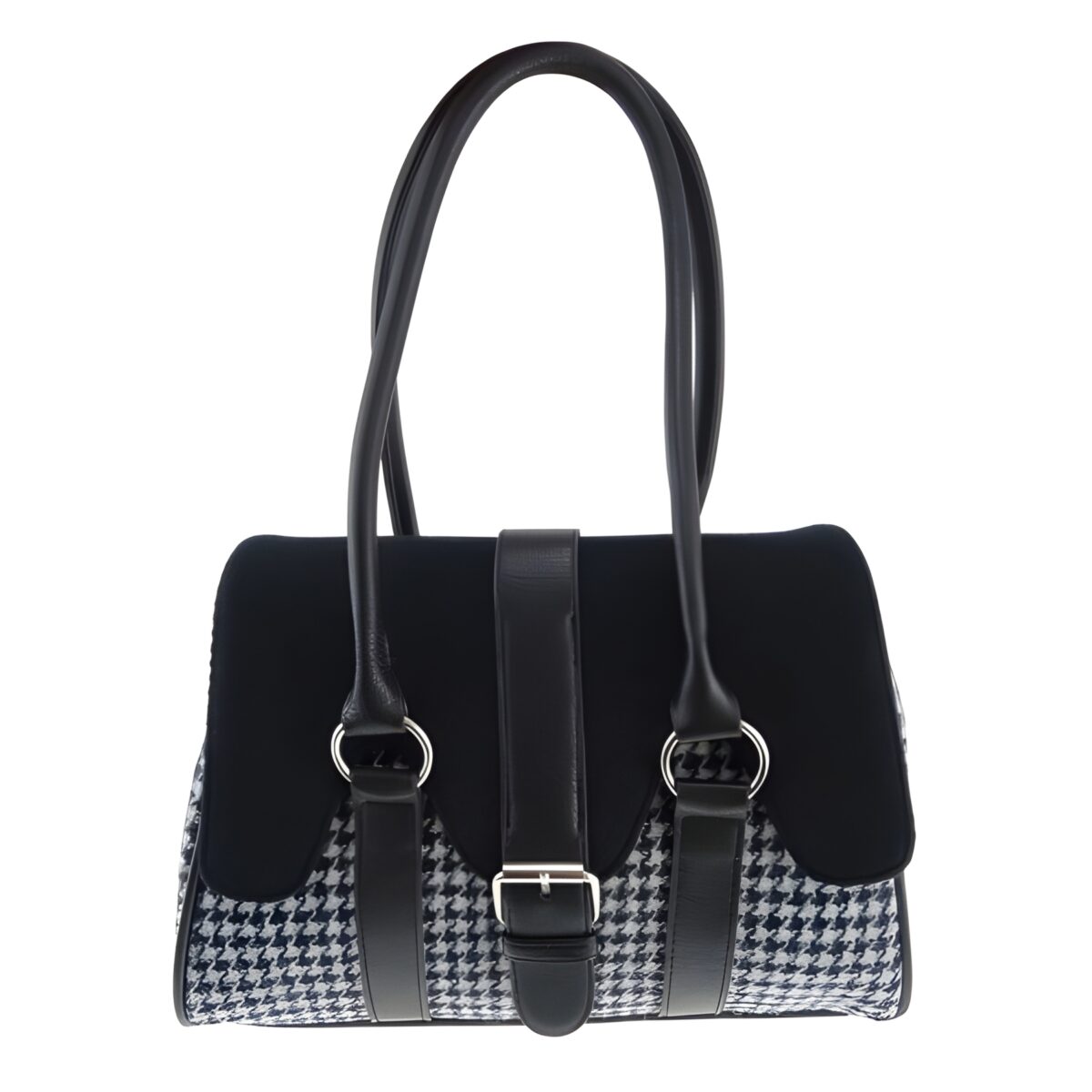 Harris Tweed scallop handbag in contrasting tartan and plain tweeds with adjustable strap