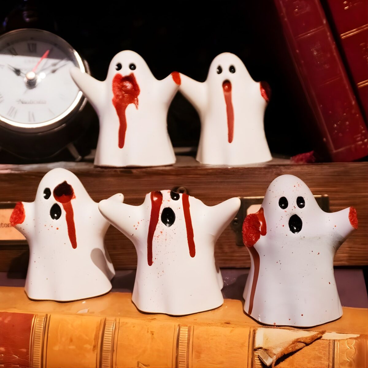 Macabre handmade Scottish ghost ornament with blood splatter, coffin, and death certificate