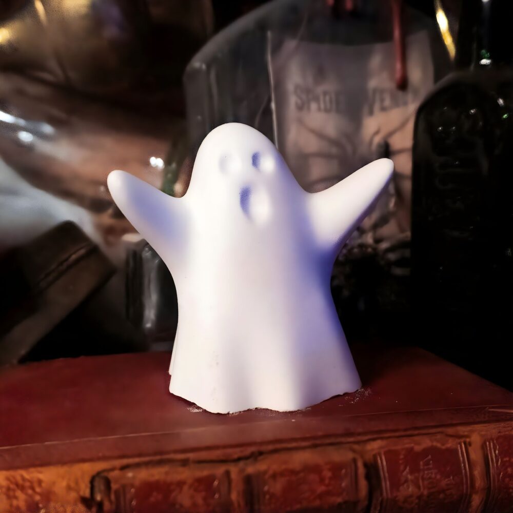 White handmade Scottish ghost ornament with miniature coffin and death certificate