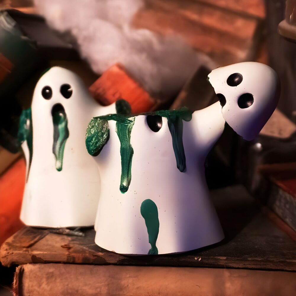 Glowing green handmade Scottish ghost ornament with coffin and interdimensional record