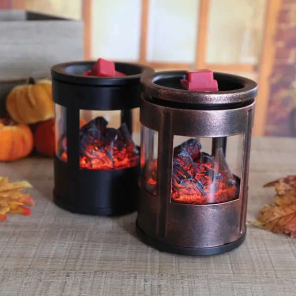 Copper cylinder wax melter with burning ember flame effect and LED light – 14cm
