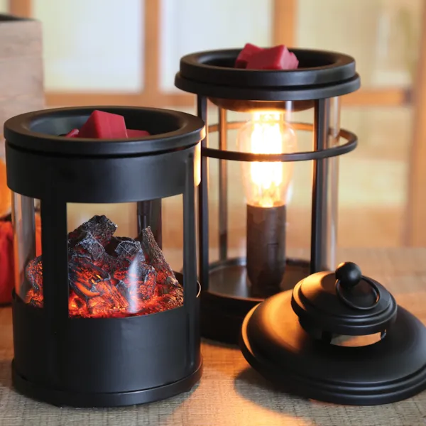 Black cylinder wax melter with burning ember flame effect and LED light – 14cm