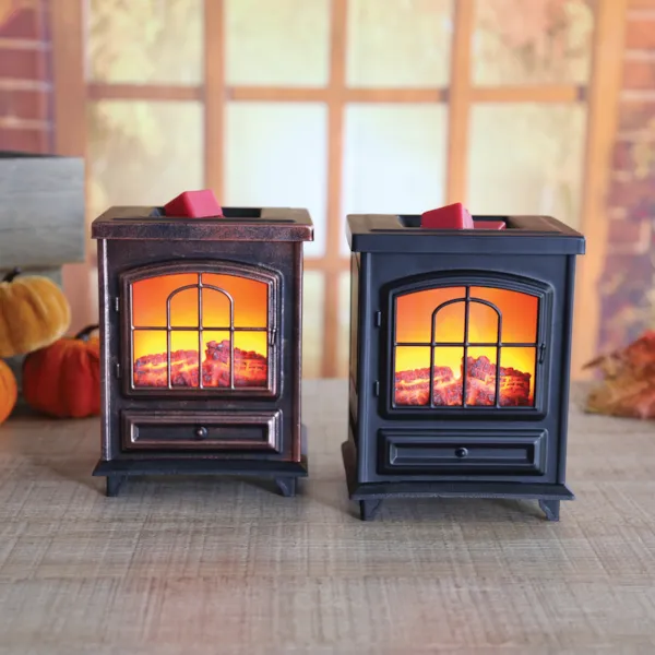 Rectangular black wax melter with burning log fire effect and LED light – 16cm