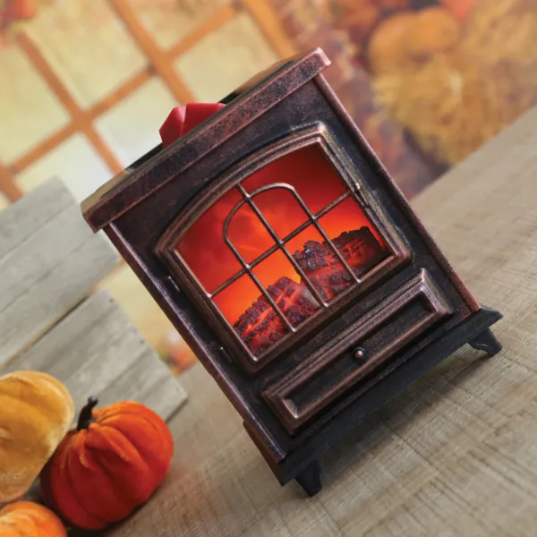 Rectangular copper wax melter with burning log fire effect and LED light – 16cm
