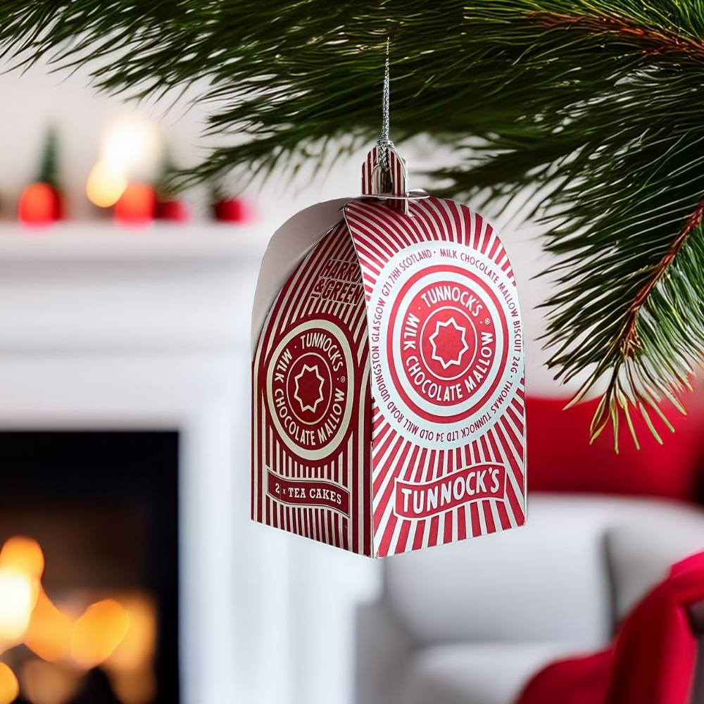 Tunnock’s Tea Cake Christmas baubles with red-and-silver foil design