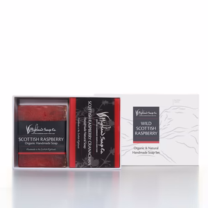 Wild Scottish Raspberry two soap gift set from The Highland Soap Company, displayed in eco‑friendly packaging with fresh raspberry accents