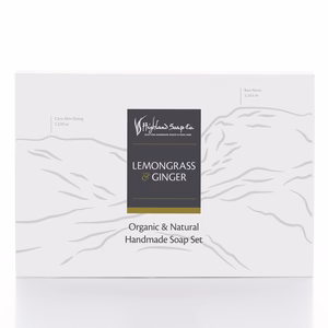 Lemongrass & Ginger two soap gift set from The Highland Soap Company, displayed in eco‑friendly packaging with fresh citrus and ginger accents