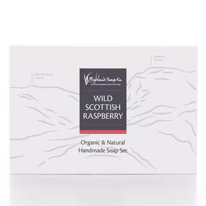 Wild Scottish Raspberry two soap gift set from The Highland Soap Company, displayed in eco‑friendly packaging with fresh raspberry accents